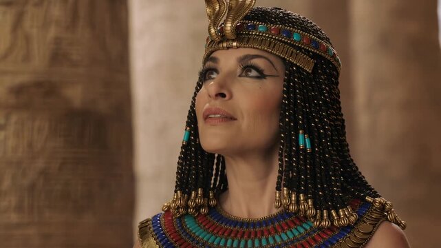 Beautiful Egyptian queen Cleopatra with golden cobra crown, jeweled collar necklace, dramatic kohl eyes gazing upward. Cinematic portrait for history and mythology projects.