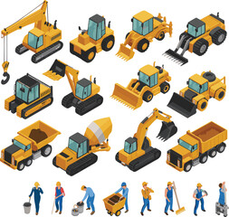 Isometric construction machinery and workers set with excavators, loaders, dump trucks and builders isolated on white background © SreeKhamol