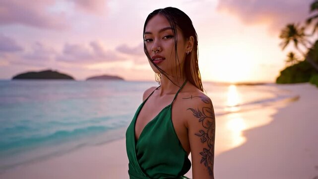 Beautiful woman with tattoos enjoying tropical beach sunset