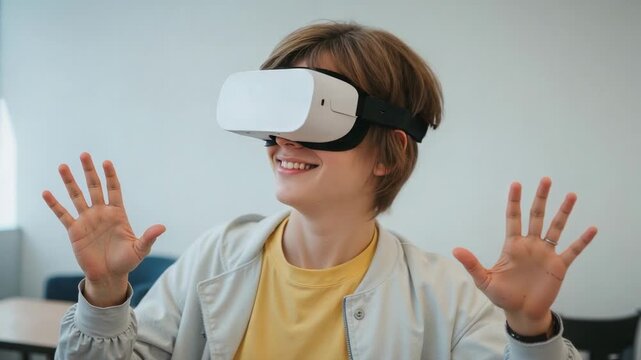 Entering classroom teenager donning white VR headset at desk, lifting hands exploring simulation