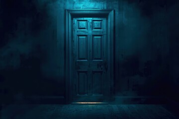 Fototapeta premium Dark door stands in misty, eerie hallway