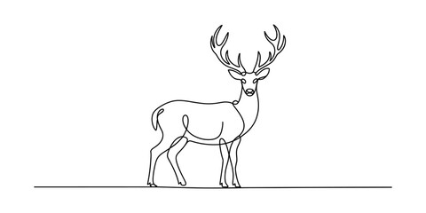 Elegant Deer Stag One Line Drawing Silhouette, Majestic Antlers, Minimalist Continuous Line Art, Isolated on White Background