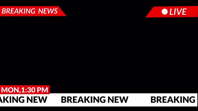 Breaking News lower third animation on transparent background and scrolling ticker. TV broadcast style animation for breaking news or live updates. Breaking news lower third animation in 4k.