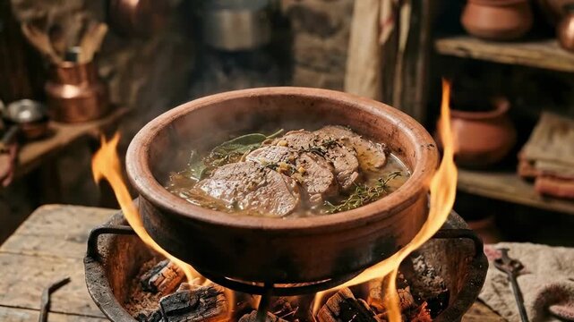 veal meat - A rustic pot filled with simmering meat surrounded by herbs sits atop a glowing fire, casting warm light in a cozy kitchen with earthy tones and vintage pots