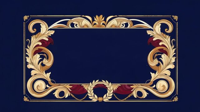 Displaying ornate gold-and-red border on navy background, with scrolling foliage and laurel wreath
