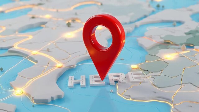 3D map with glowing routes and red location pins showing 'HERE' text
