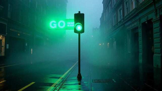 Rainy City Street at Night with Glowing Green "GO" Sign and Traffic Light