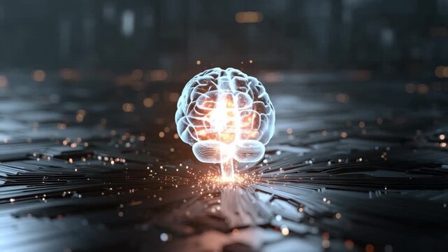Brain in the Digital Realm: An illuminated brain pulses with energy, set against a futuristic digital backdrop of glowing circuits. Depicting the intersection of technology and the human intellect.