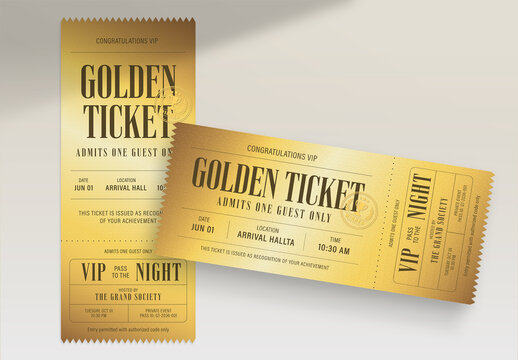VIP Golden Ticket Template for Luxury Event Invitation, Voucher, Invite & Ticket Stub Design