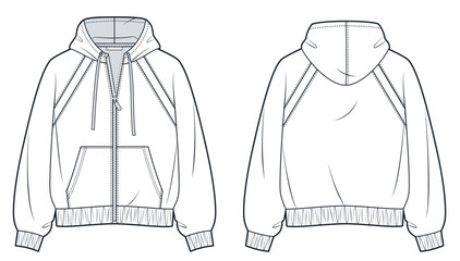 Zip Up Hoodie Technical Drawing, Unisex Heavy Cotton Sweatshirt Fashion Flat, Oversized Streetwear Jacket Template, Front and Back View CAD Mockup © Liubov Hladka