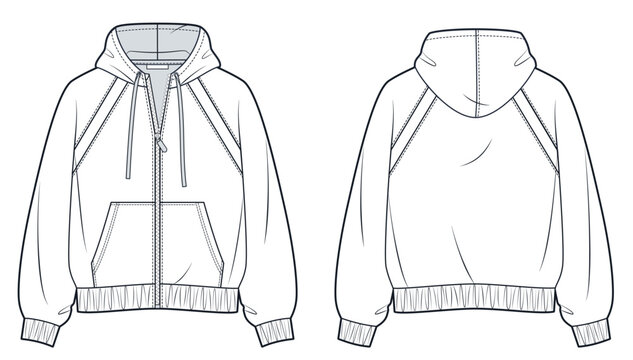 Zip Up Hoodie Technical Drawing, Unisex Heavy Cotton Sweatshirt Fashion Flat, Oversized Streetwear Jacket Template, Front and Back View CAD Mockup