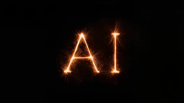 Flaring letters AI emitting gold sparks, embers on dark backdrop after burst, keeping legibility