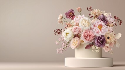 Fototapeta premium Luxury Flower & Seasonal Collection Promotion pastel minimalistic illustration of elegant floral arrangement displayed on refined pedestal with soft neutral background, seasonal blooms in harmonious. 