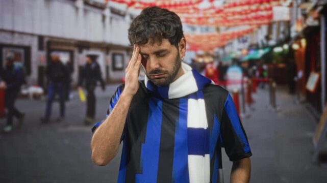 Hispanic man in blue football tshirt presses hand to forehead touching scarf in street; defeat weariness.