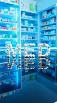 Pharmacy shelves with pills forming the word MED, digital art