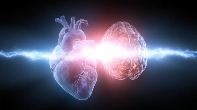 Mind and Body Connection: An artistic representation of the vital connection between the heart and brain, illuminated by radiant energy, symbolizing thought, emotion, and life's essence.