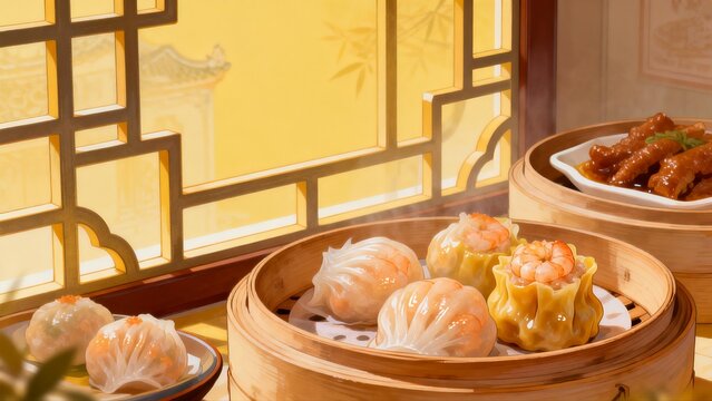 Steamed dumplings on bamboo steamer