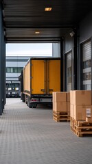 Naklejka premium Open Warehouse Loading Dock with Trucks and Stacked Boxes on Pallets