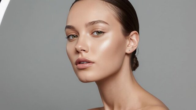 Responding to camera cue model rotating head blinking posing in studio ring light bare shoulders