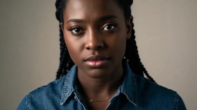 Raising head while camera tightening, woman holding gaze in studio wearing denim shirt and necklace