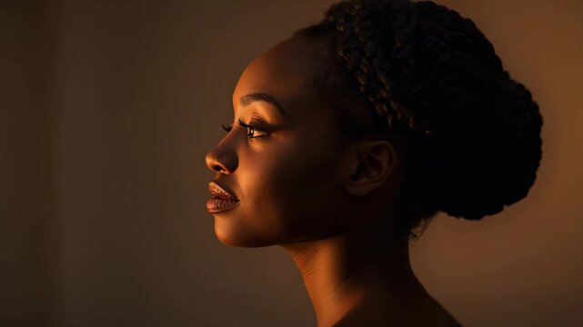 cam starting model with braidedbun makeup posing tilting in studio for portrait with warm key light