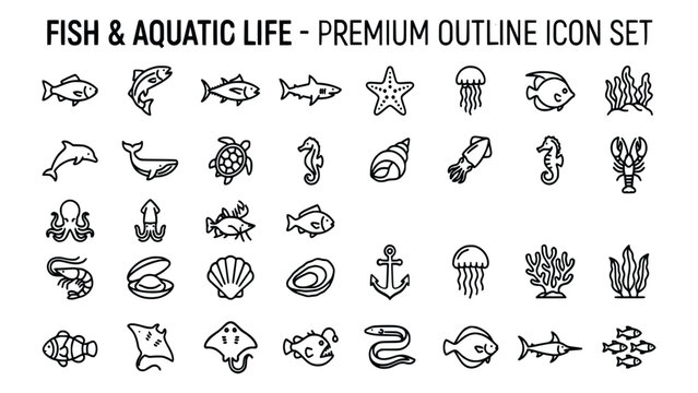 Collection of high-quality outline icons featuring various fish and aquatic life species for graphic design projects and creative applications