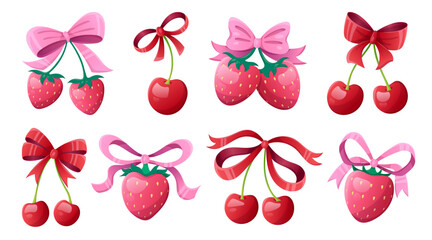 Cute strawberry and cherry set with pink ribbon bows in vintage coquette style. Adorable berry graphics with girly aesthetic, retro vibes and romantic valentine designs for feminine scrapbook projects © vectorpouch