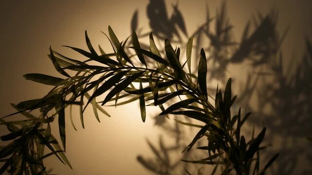 Swaying arched plant branch rotating leaves with frames advancing at room wall, warm backlight halo