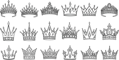 Royal crown icons set, king queen crowns collection, luxury monarchy symbols, ornate tiara illustrations, vintage royal design elements © Osiar