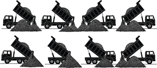 Set of black and white dump trucks unloading gravel piles in construction site, detailed vector illustration of heavy industrial transport vehicles © Josna