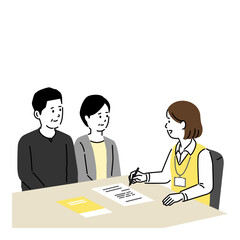 介護サービスの相談をする中年共働き夫婦のイラスト。ケアマネジャーの面談 書類説明と申込手続き