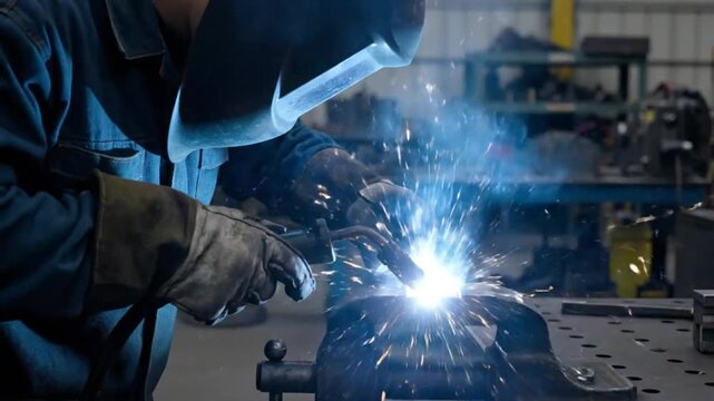 Metalworker Expertly Welding in a Workshop with Bright Sparks and Intense Heat, Skilled Craftsmanship in Action