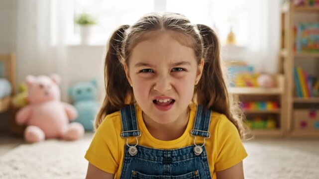 Playful little girl making faces and sticking her tongue out in a brightly lit room