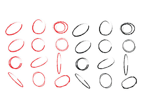 Hand Drawn Red and Black Marker Highlight Circles Set, Grunge Brush Stroke Round Frames Bundle, Doodle Ellipse and Charcoal Scribble Oval Scrawl Marks Isolated on White Background.