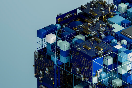 3D Blue Data Cube with modular PCB panels, copyspace