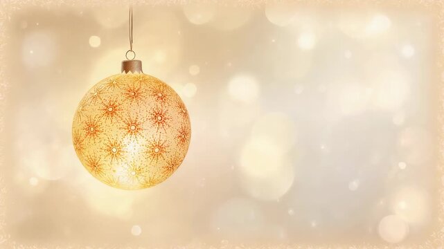Swinging golden bauble revealing snowflake pattern and metal cap at warm beige backdrop, copy space