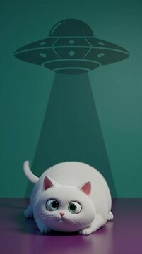 A cute, round white cat with large green eyes lies on a purple surface, casting a shadow that forms a UFO above. The background is teal