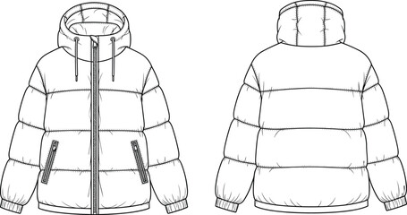 Collection of fashion technical sketches featuring women polo shirts, athletic sneakers, and hooded puffer jackets with military helicopter and tank silhouettes for design projects. © Arman