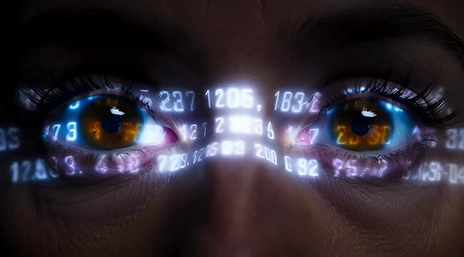 Close up image of human eyes with futuristic digital information overlay