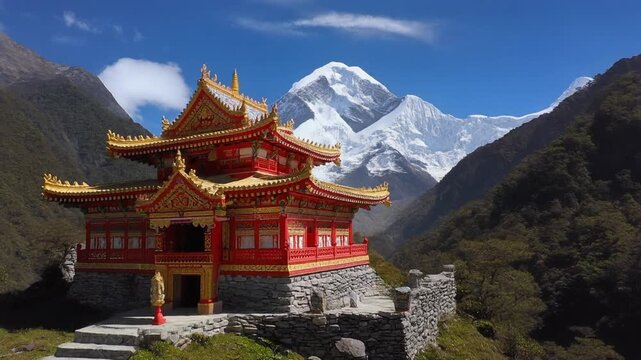 Tibetan Buddhist Temple in Mountains with Snow-Capped Peaks in Nepal