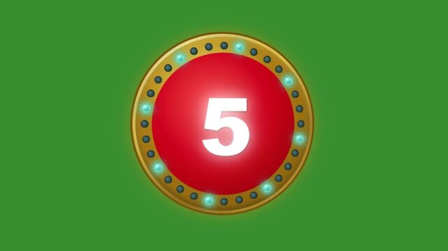 Animated 3D Tilting Retro Countdown Sign with Flashing Lights. A Circular Brass and Red Frame with Turquoise Bulbs Features a Bold White Sans-Serif Number Counting Down 10 Seconds