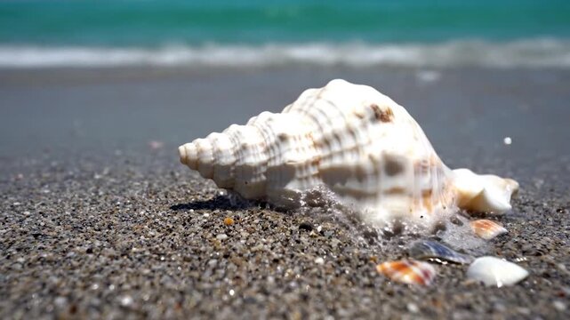 A beautiful white seashell rests peacefully on the sandy beach with gentle