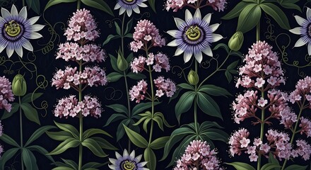 Vintage Botanical Illustration of Pink Flowers and Purple Passion Flowers.