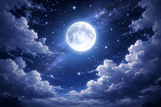 Bright Full Moon In Dark Starry Night Sky With Clouds