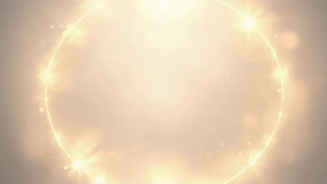 Emerging gold circular ring settling at center against warm scene, nodes flaring and bokeh drifting