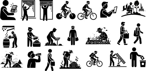 Obraz premium Ecological lifestyle collection with gardening waste management and clean commute symbols