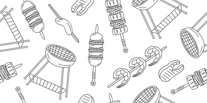 Vector seamless banner with barbecue items. Food elements for various designs, wallpapers, and packaging.