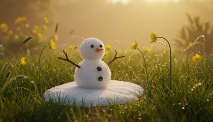 Obraz premium Snowman stands in a field surrounded by flowers on a sunny morning with dew on the grass and light shining through trees