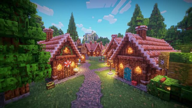 Moving camera framing timber cottages and cobble path in grassy village, highlighting warm lanterns