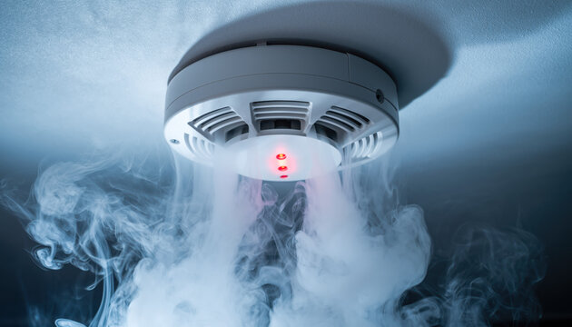 Smoke detector activates as smoke rises in a room during a safety test showing emergency response at home